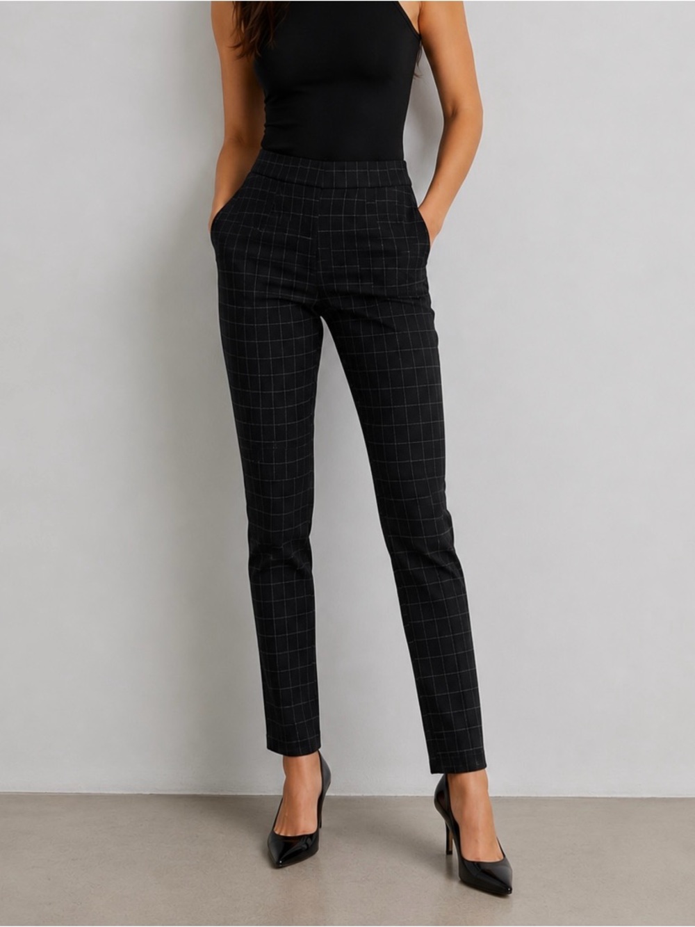 Babaton Black Windowpane Slim Ankle Trousers